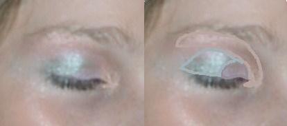Close up. My camera never seems to do the colors justice on the closed-eye pictures. On the right, I outlined roughly where i used the highbeam, breathe, and teal appeal<br />EOTD: <br />Cream Concealer Sample as Primer<br />High Beam lash to Brow and a little on the lower lashline<br />Breathe on the outer 2/3<br />Teal appeal crease and outer corners and a little on the lower lashline<br />Bewitched to line- dry lined inside the lashes<br />Mascara- two brown mascaras from another brand