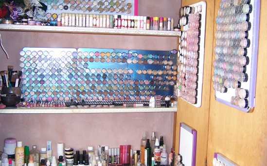 top shelf: off brands and SN lip balms<br />2nd Shelf: SN shadows, foundation, lippies, and jar o brushes<br />3rd Shelf: Skincare and fragrance<br />4th Shelf: First Aid. lol<br />Inside Door: Blushes/face colors (mostly SN), 3g/GWP, and newly aquired expansion boards